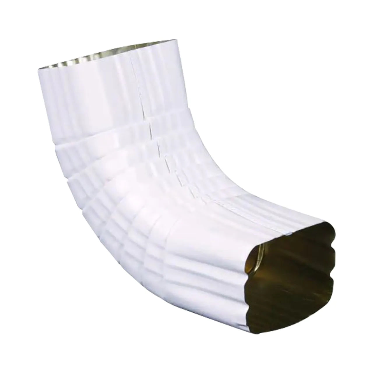 The Go Build 2 in. x 3 in. HD Aluminum Downspout A Elbow in white is a rust-free, rectangular elbow designed for gutter systems to efficiently redirect water flow.